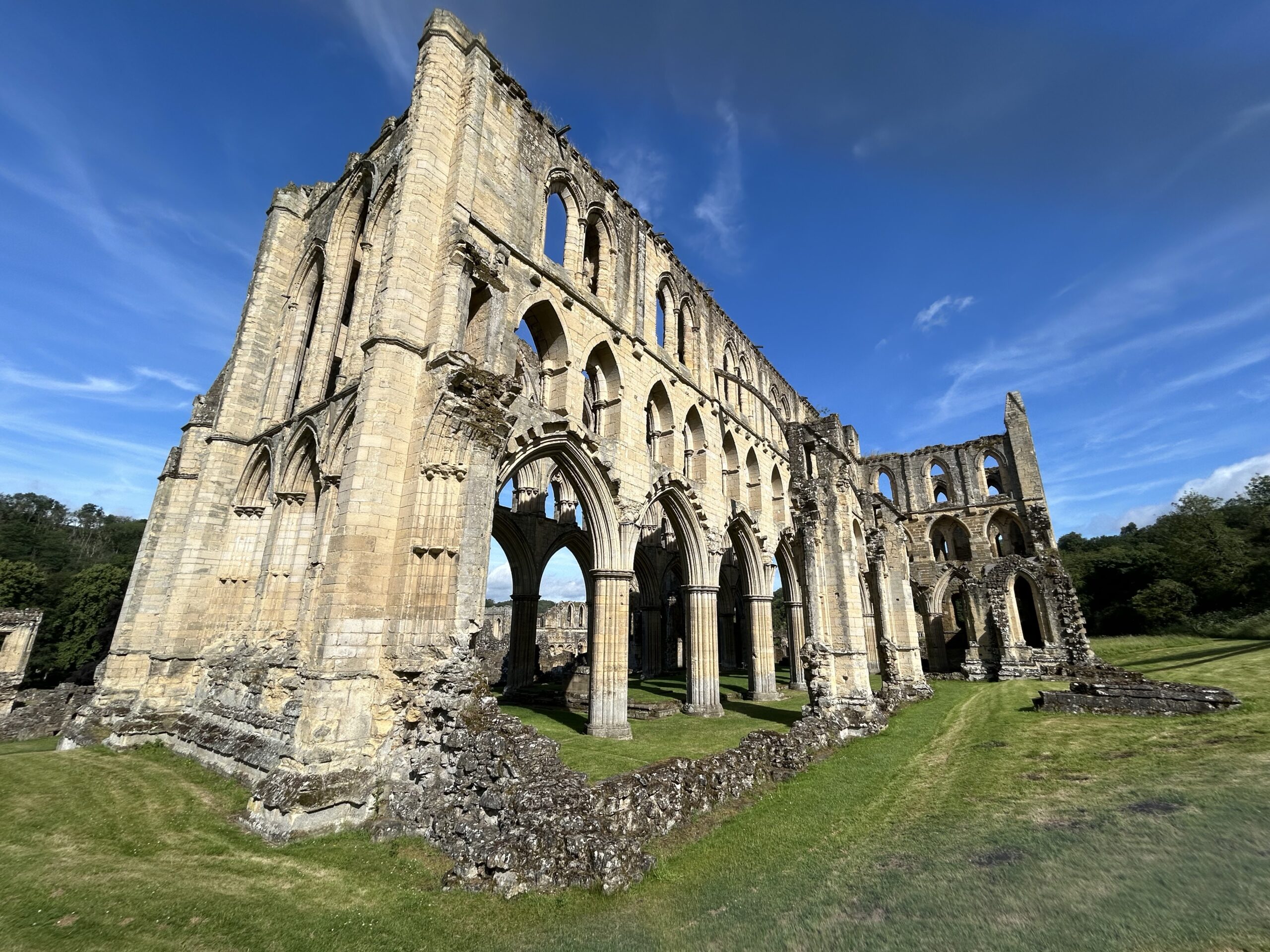 Rievaulx Abbey surrounded by green grass and blue sky